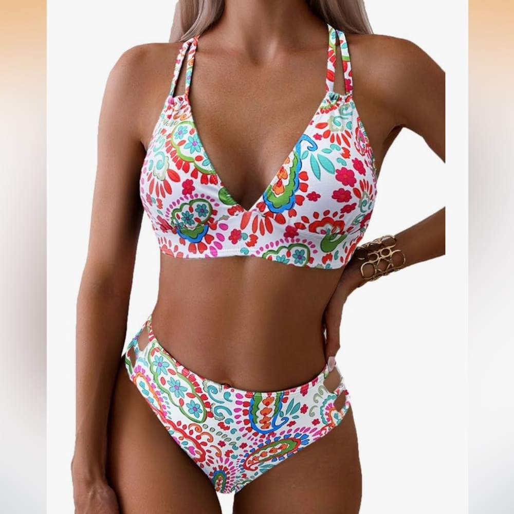 Two Piece Bikini Set Women’s LARGE V Neck Crisscross Back Cut Out Floral NEW